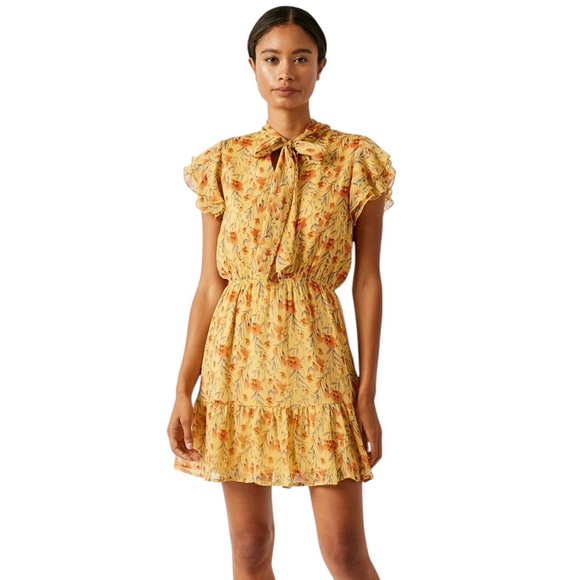 Hayden Los Angeles Womens Yellow Floral Tie-Collar High Neck Ruffle Dress Medium - Picture 1 of 5